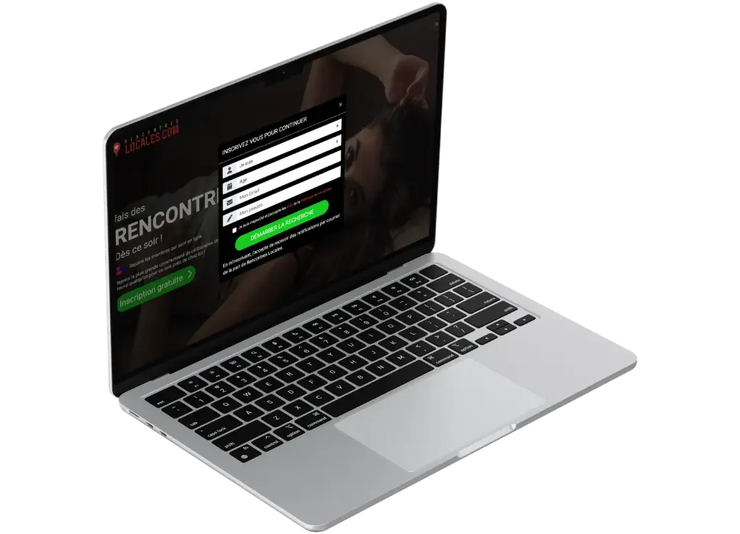 Site Rencontres Locales affiché sur ordinateur portable avec formulaire d’inscription et bouton démarrer la recherche.