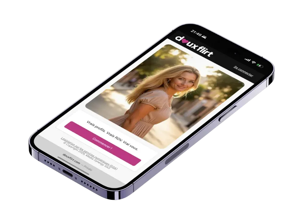 Application DouxFlirt affichée sur smartphone avec profil féminin et bouton commencer.