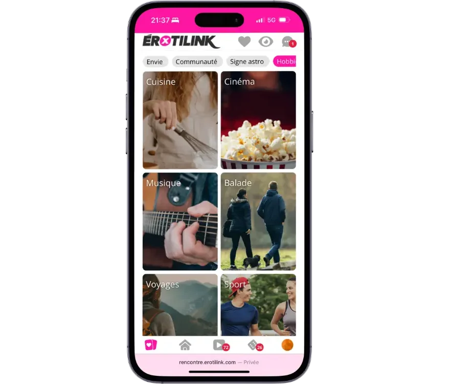 Interface Erotilink avec catégories comme cuisine, cinéma, musique et sport sur smartphone.