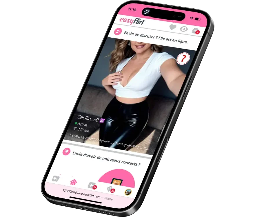 Profil utilisateur EasyFlirt affiché sur smartphone avec photo, localisation et statut en ligne.