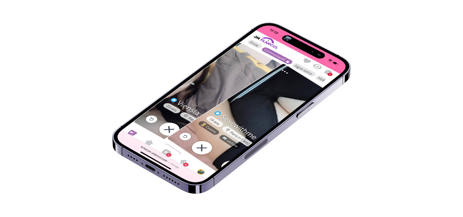 Application JM Plan Cul affichée sur smartphone avec profils utilisateurs et interface de matching.