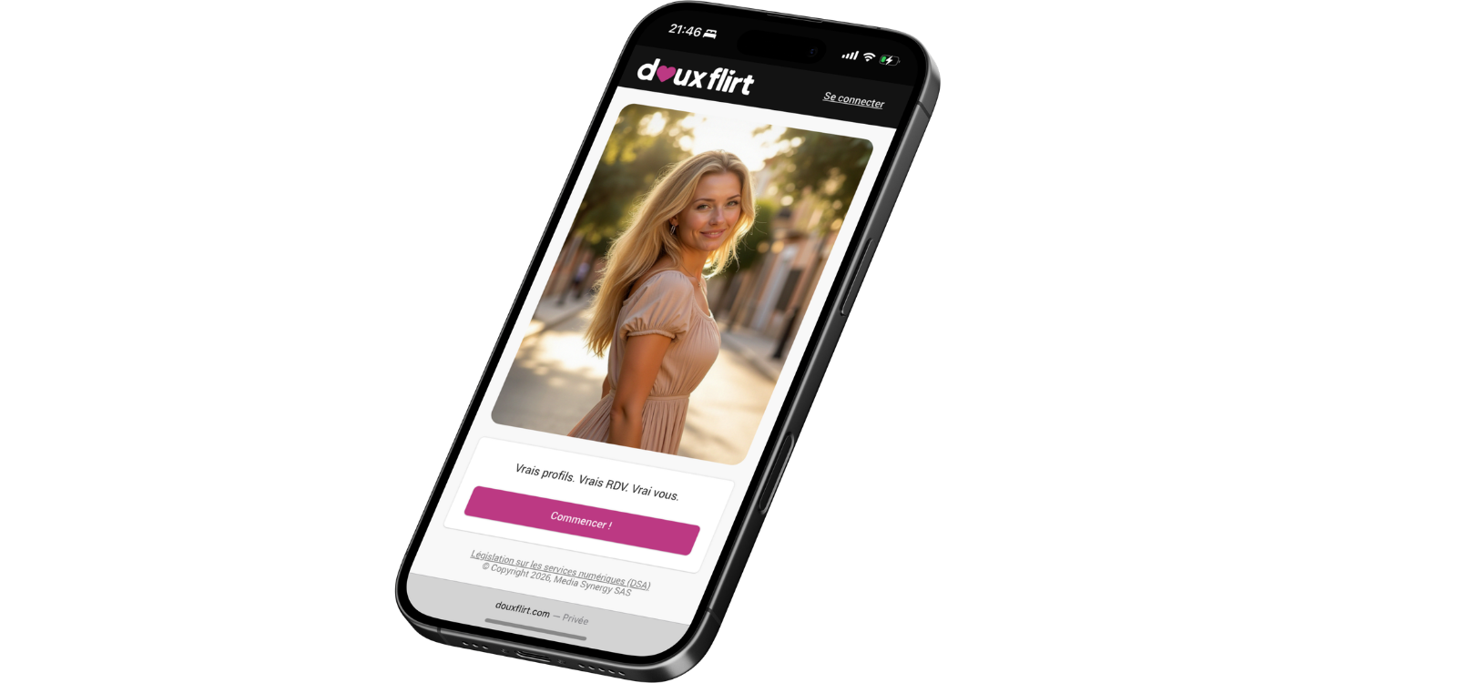 Application DouxFlirt affichée sur smartphone avec profil féminin et bouton commencer.