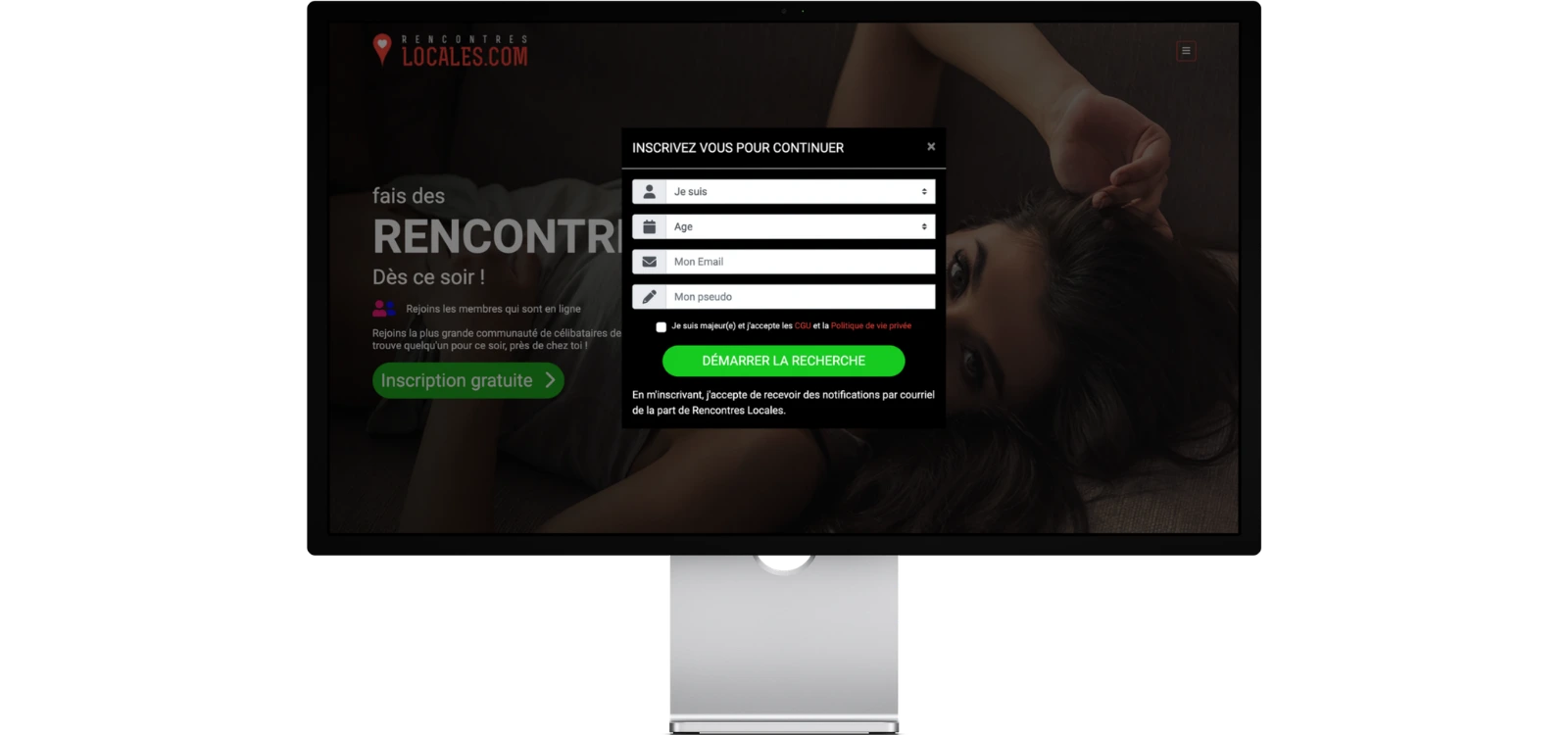 Site Rencontres Locales affiché sur écran avec formulaire d’inscription rapide pour rencontres géolocalisées.