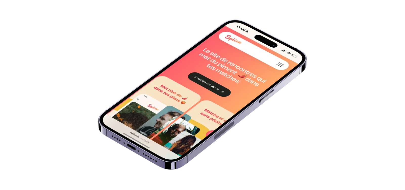 Application Spiice affichée sur smartphone avec design orange et fonctionnalités de matching.