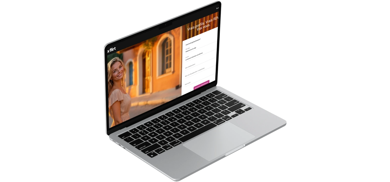 Site DouxFlirt affiché sur ordinateur portable avec formulaire d’inscription et profil féminin.