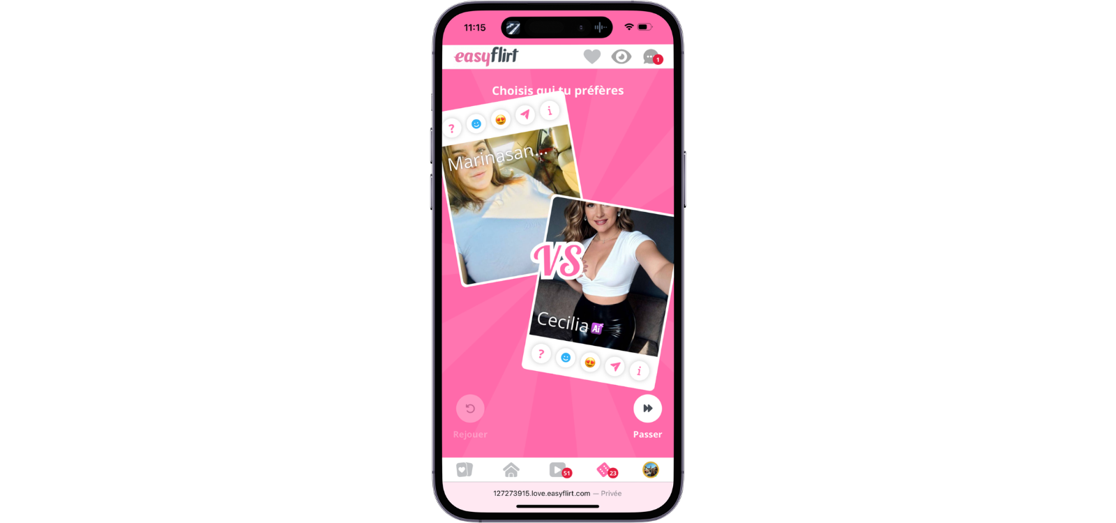 Application EasyFlirt affichée sur smartphone avec comparaison de profils et système de choix interactif.