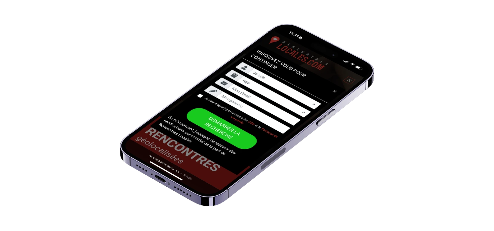 Application Rencontres Locales affichée sur smartphone avec formulaire d’inscription géolocalisée.