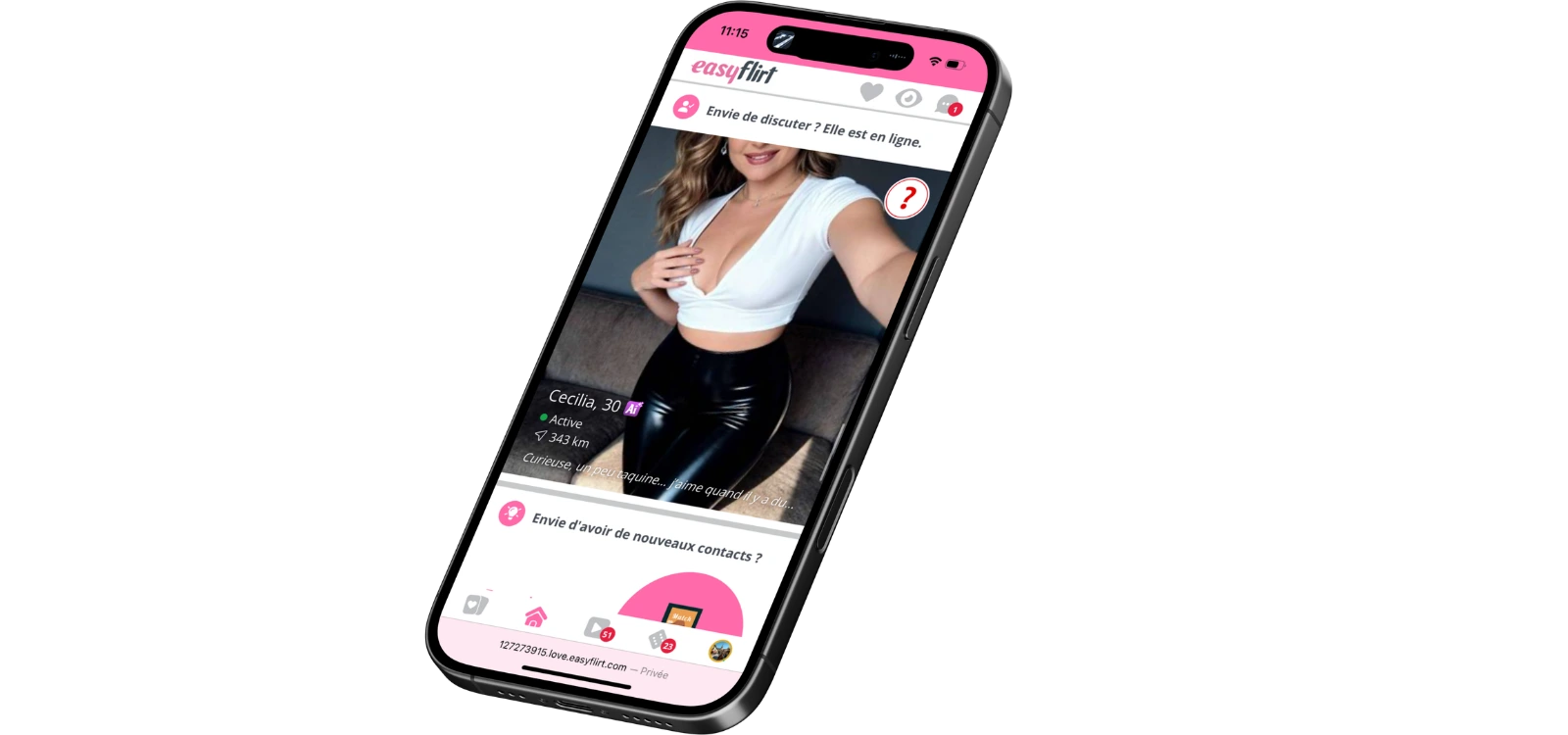 Profil féminin affiché sur l’application EasyFlirt avec interface de messagerie et notifications.