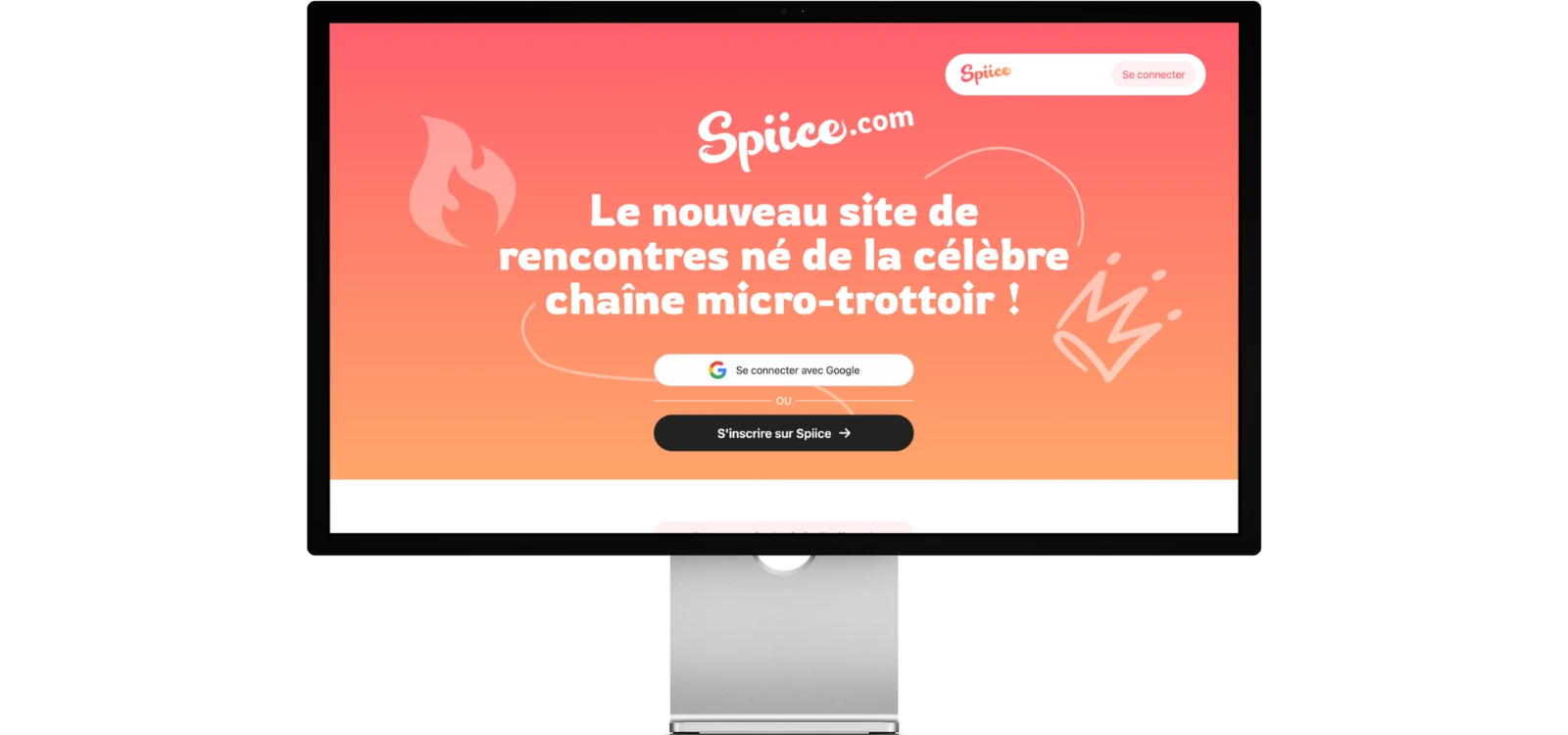 Site Spiice affiché sur écran avec page d’accueil orange et bouton d’inscription.