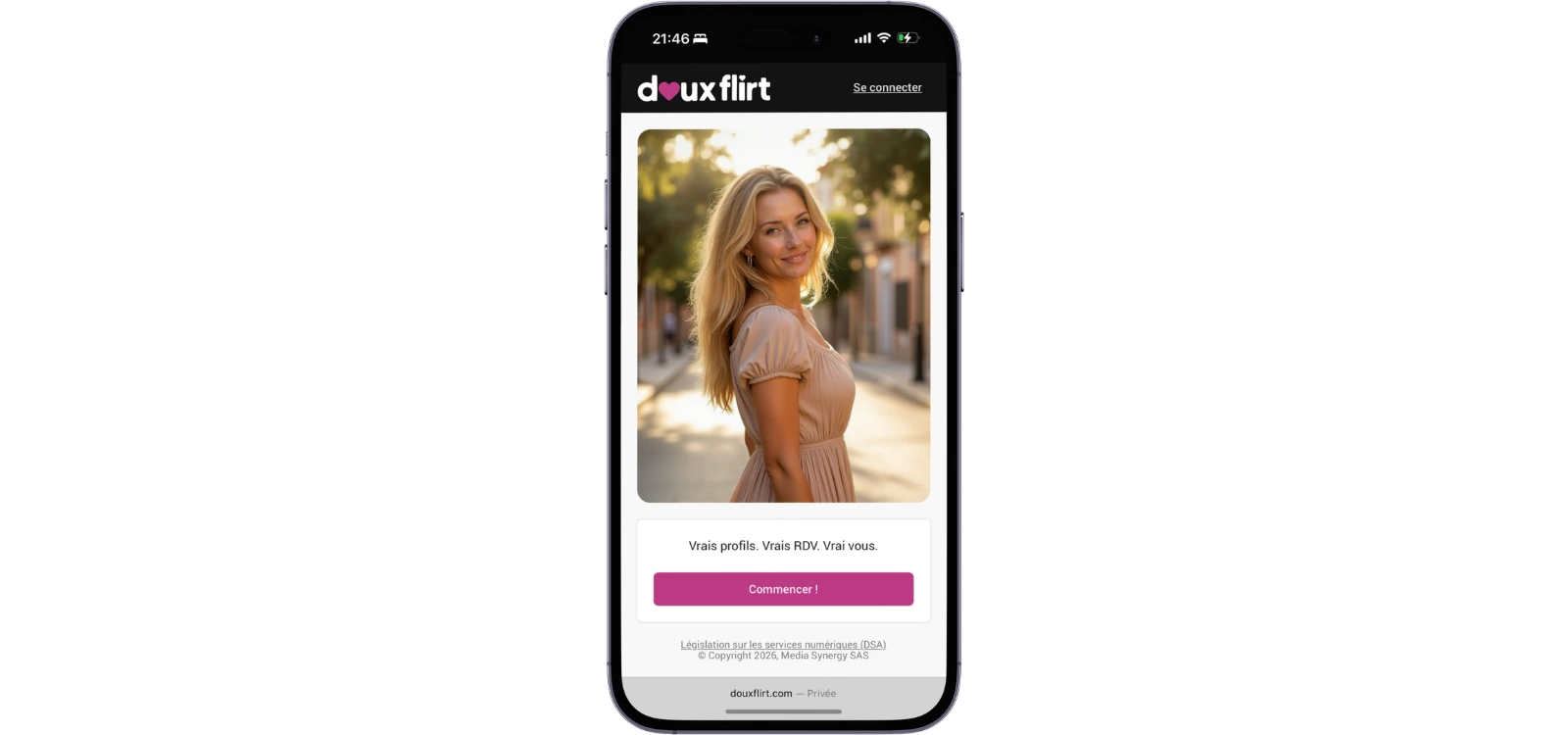 Application DouxFlirt affichée sur smartphone avec profil féminin et bouton commencer.