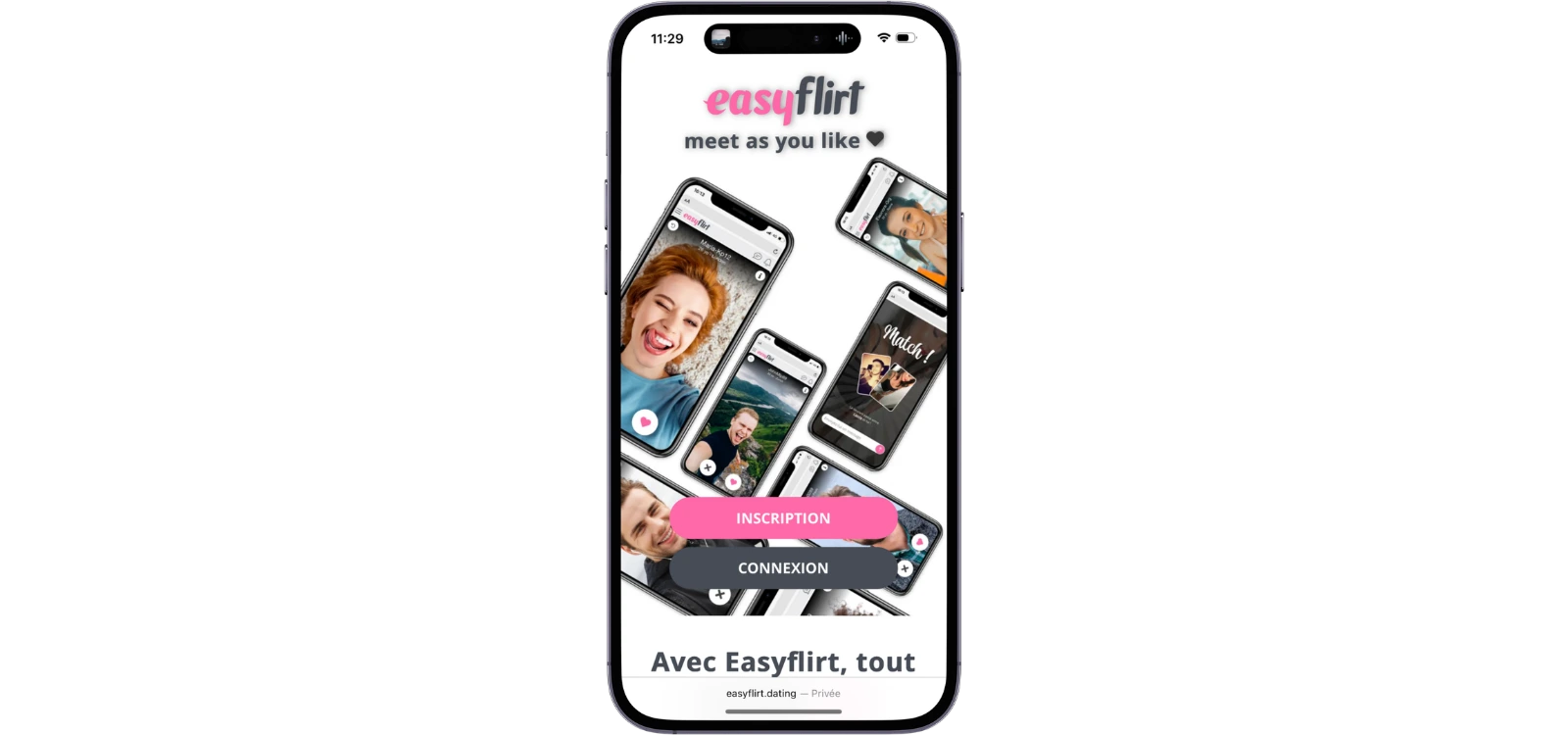 Application EasyFlirt affichée sur smartphone avec plusieurs profils et boutons inscription et connexion.