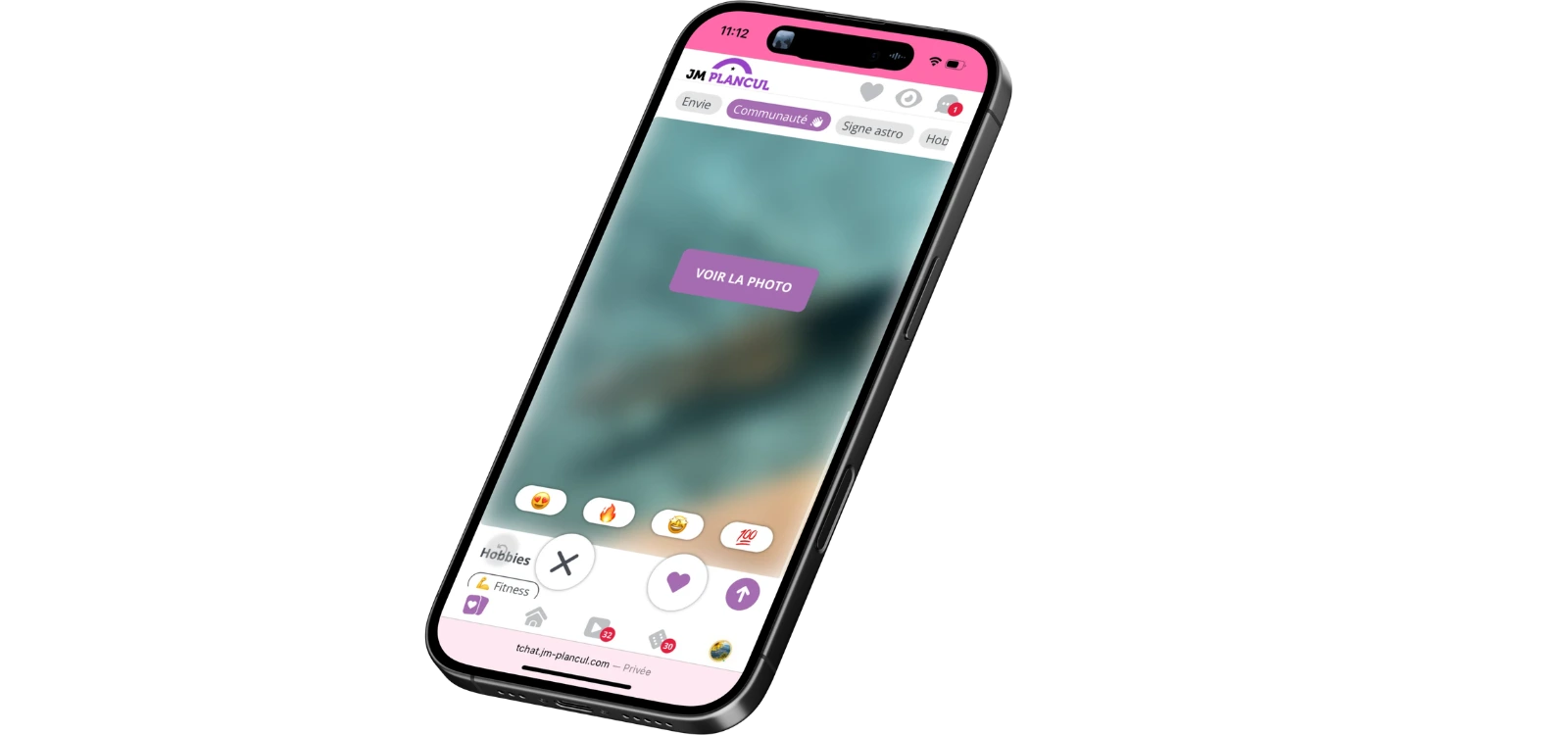 Application JM Plan Cul affichée sur smartphone avec interface de découverte de profils.