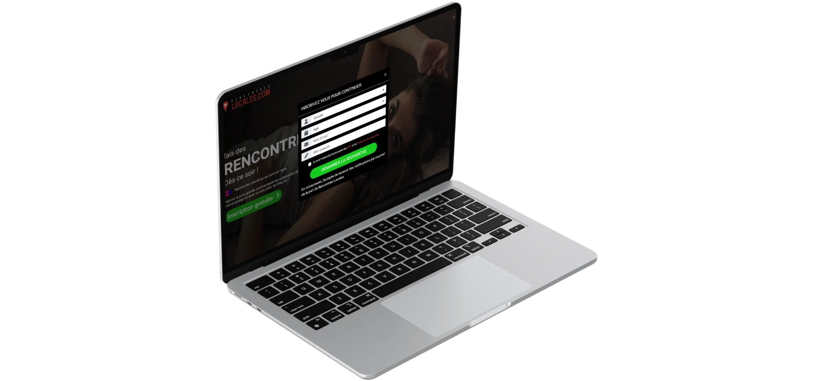 Site Rencontres Locales affiché sur ordinateur portable avec formulaire d’inscription et interface sombre.