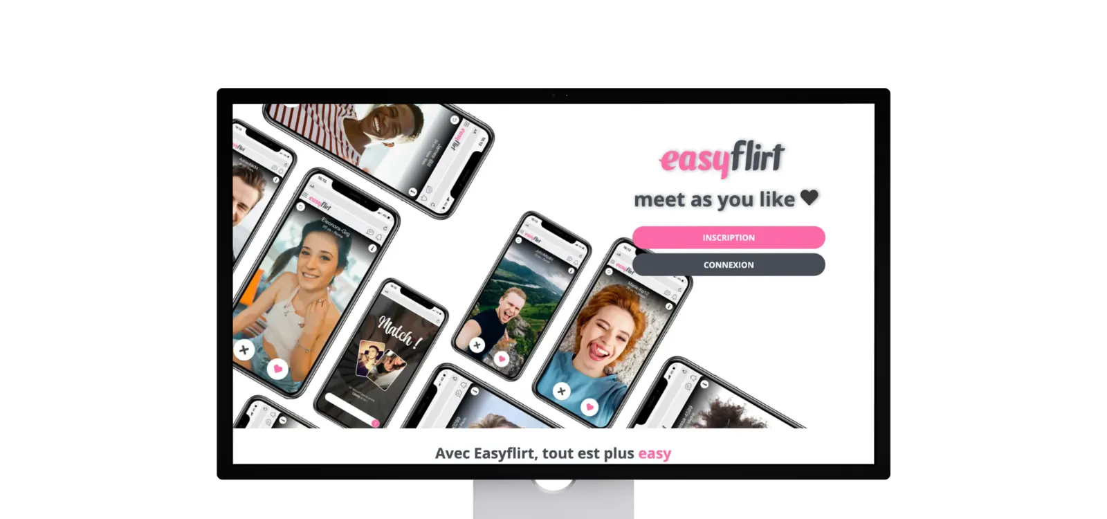 Interface EasyFlirt affichée sur écran d’ordinateur avec plusieurs profils mobiles et boutons connexion et inscription.