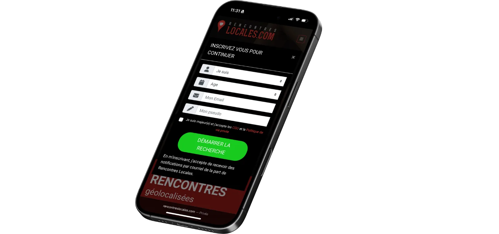 Application Rencontres Locales affichée sur smartphone avec formulaire d’inscription et interface sombre.