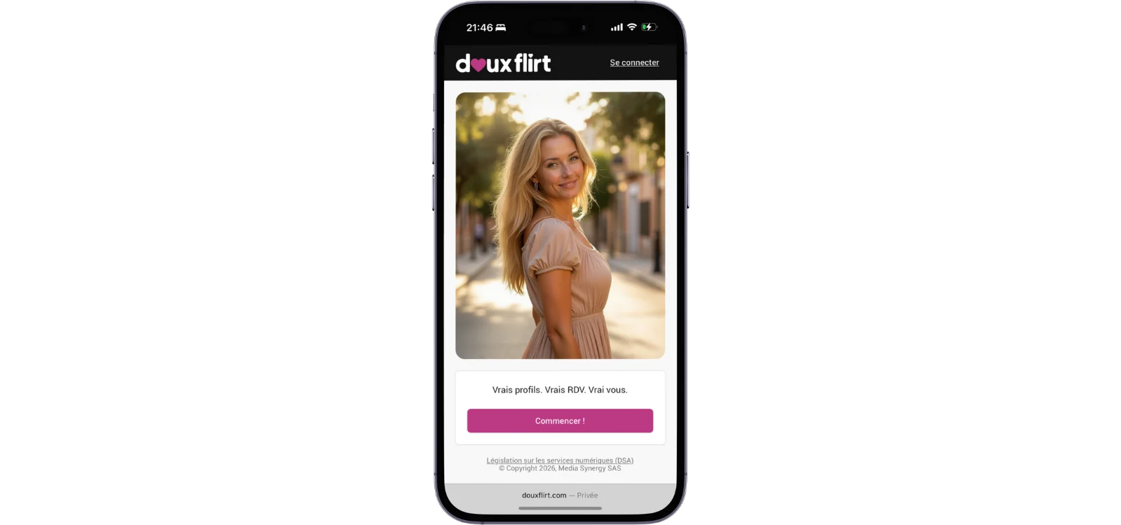 Application DouxFlirt affichée sur smartphone avec photo de profil féminin et bouton commencer.