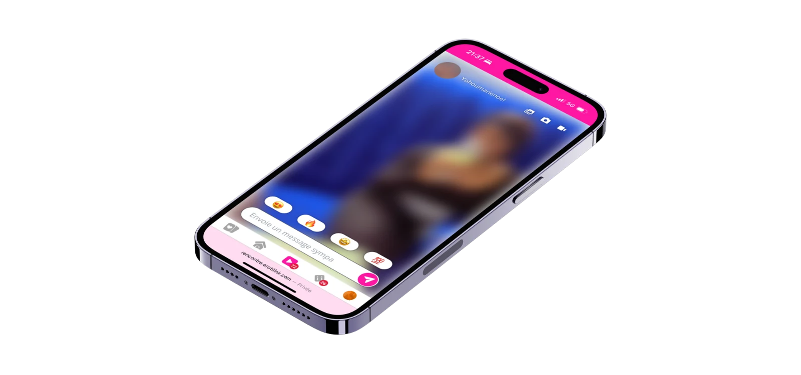 Application Erotilink affichée sur smartphone avec interface de messagerie et profil flouté.