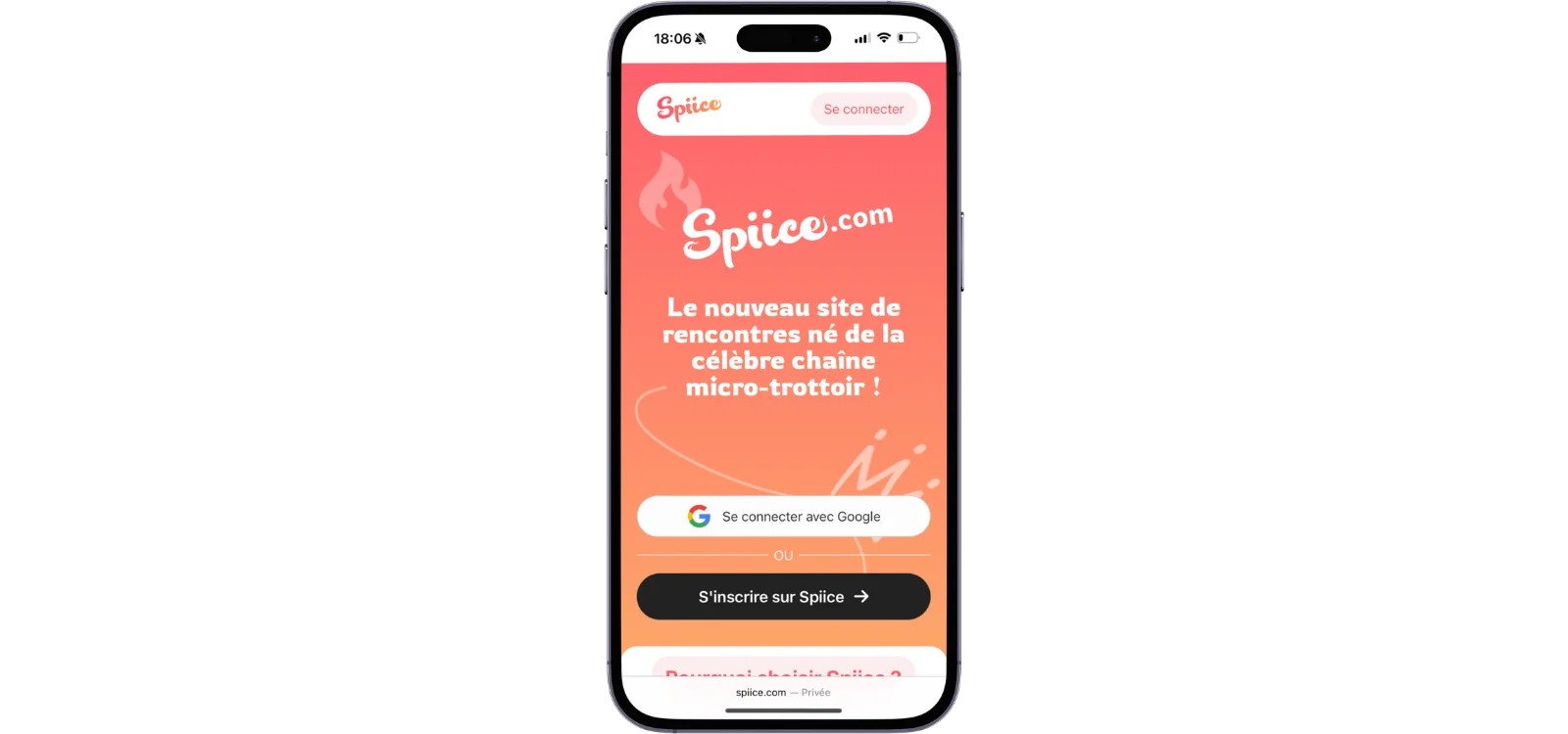 Application Spiice affichée sur smartphone avec page d’accueil orange et bouton d’inscription.