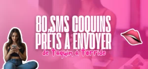 Visuel rose avec texte “80 SMS coquins prêts à envoyer” accompagné d’une femme utilisant son téléphone et d’une icône lèvres roses.
