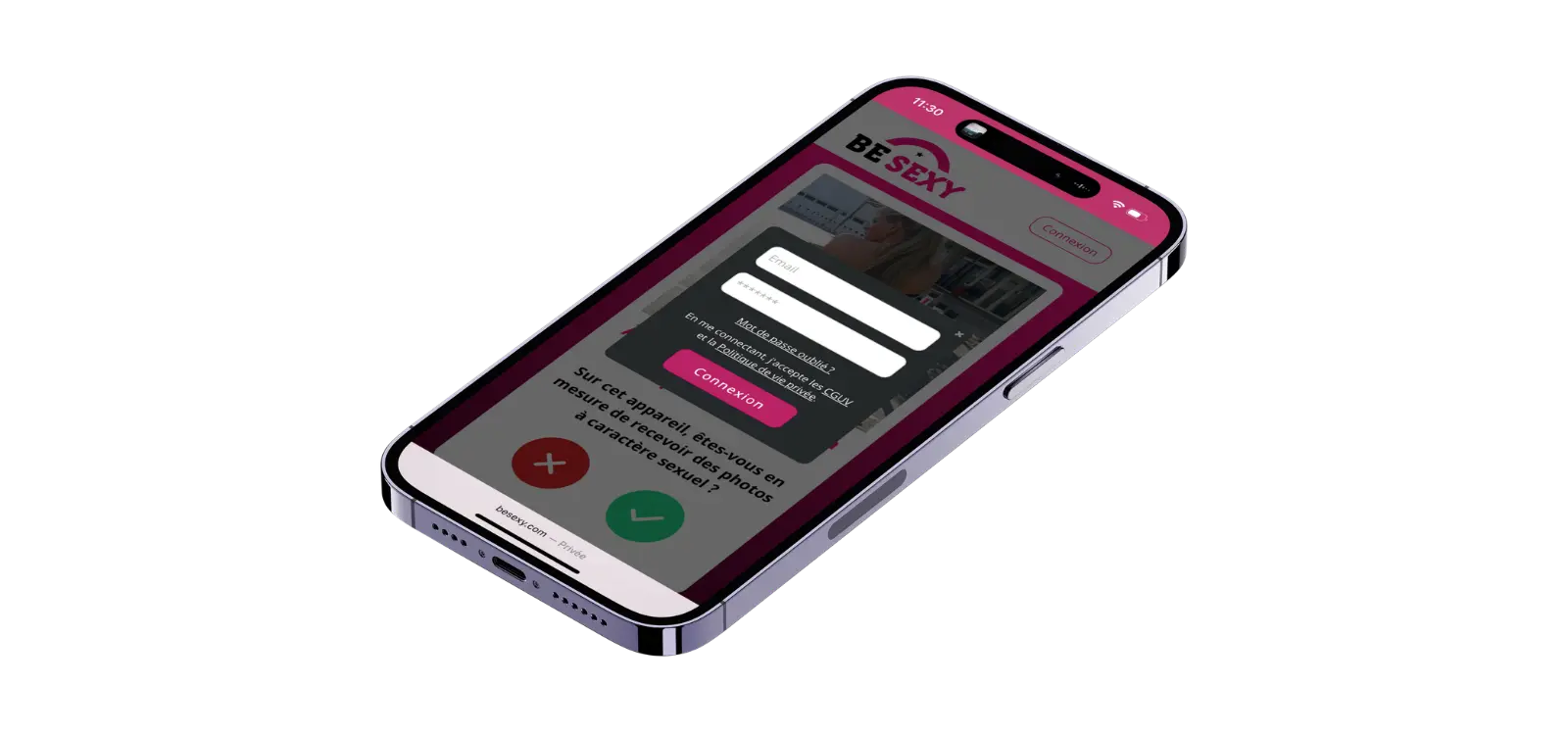 Smartphone affichant la page de connexion de l’application de rencontre BeSexy.