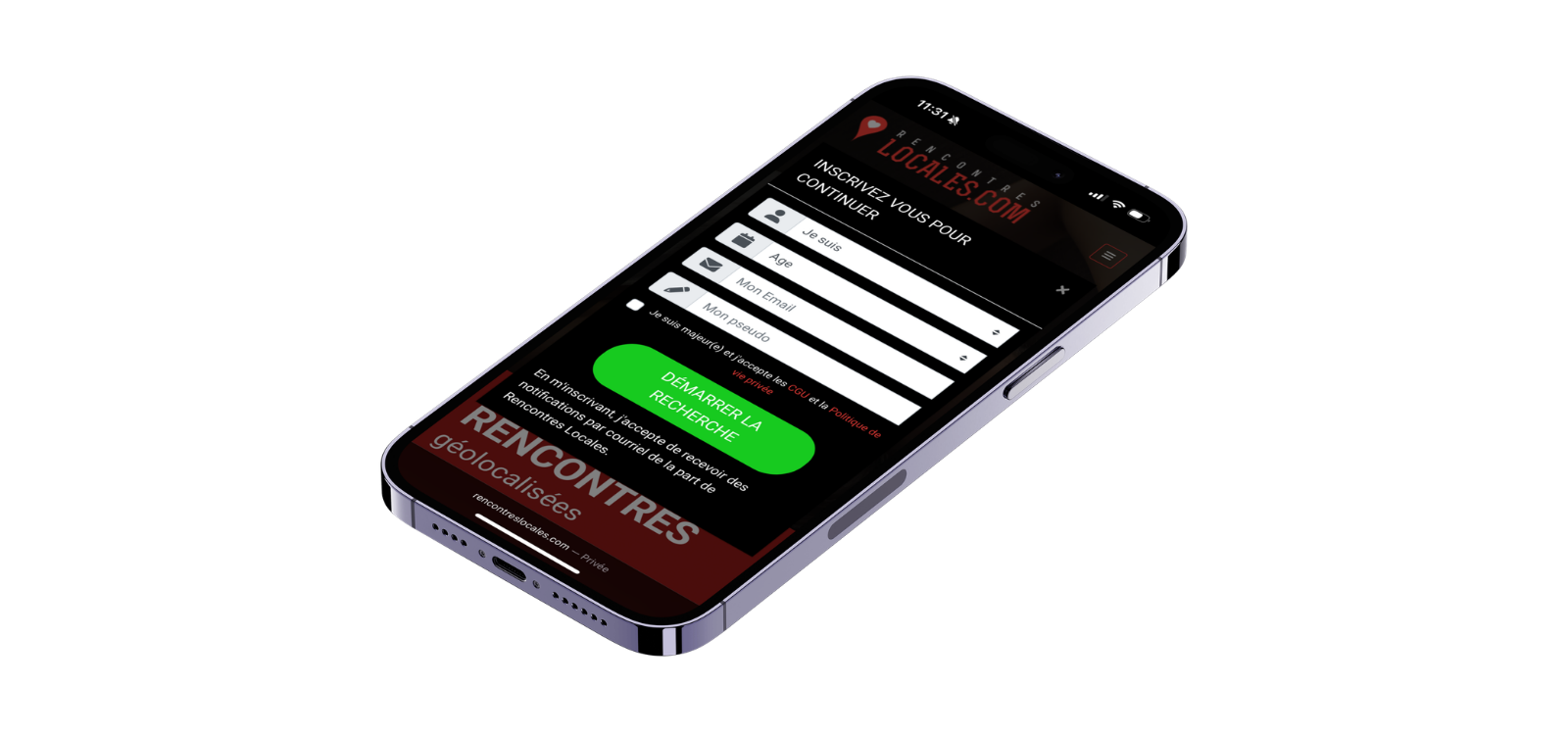 Smartphone affichant le formulaire d’inscription du site RencontresLocales.com.