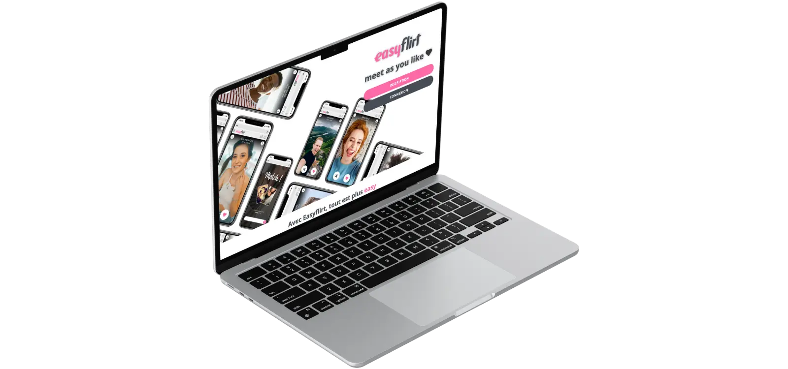 Ordinateur portable affichant la page d’accueil du site de rencontre EasyFlirt avec plusieurs profils.