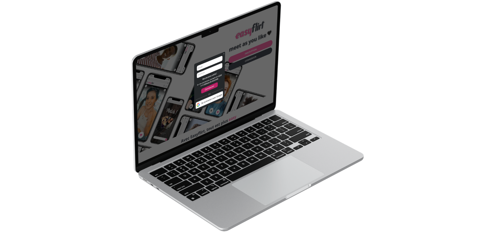 Ordinateur portable affichant la fenêtre de connexion du site EasyFlirt.