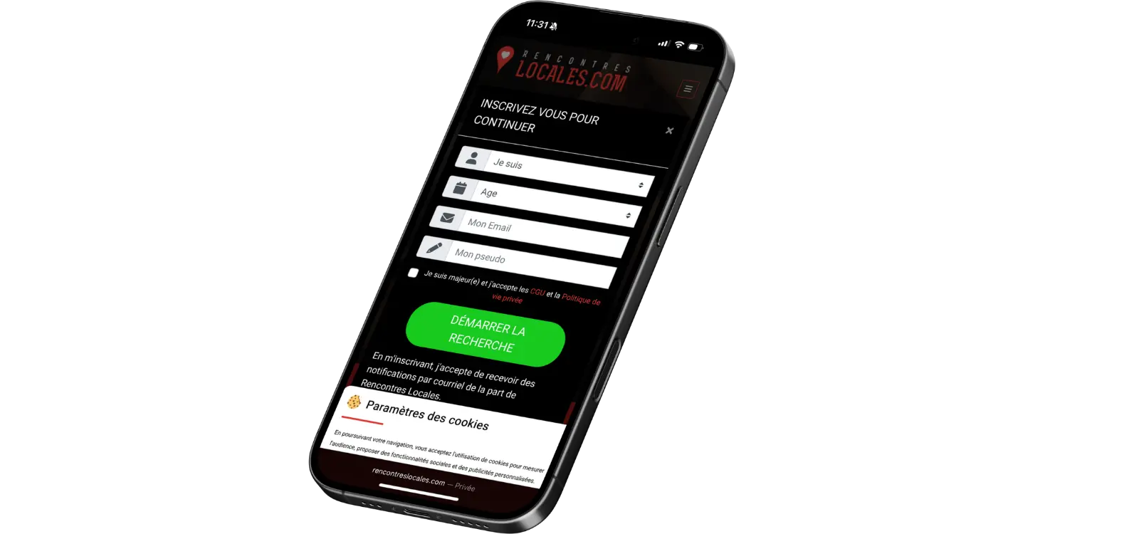 Smartphone affichant le formulaire d’inscription du site RencontresLocales.com.