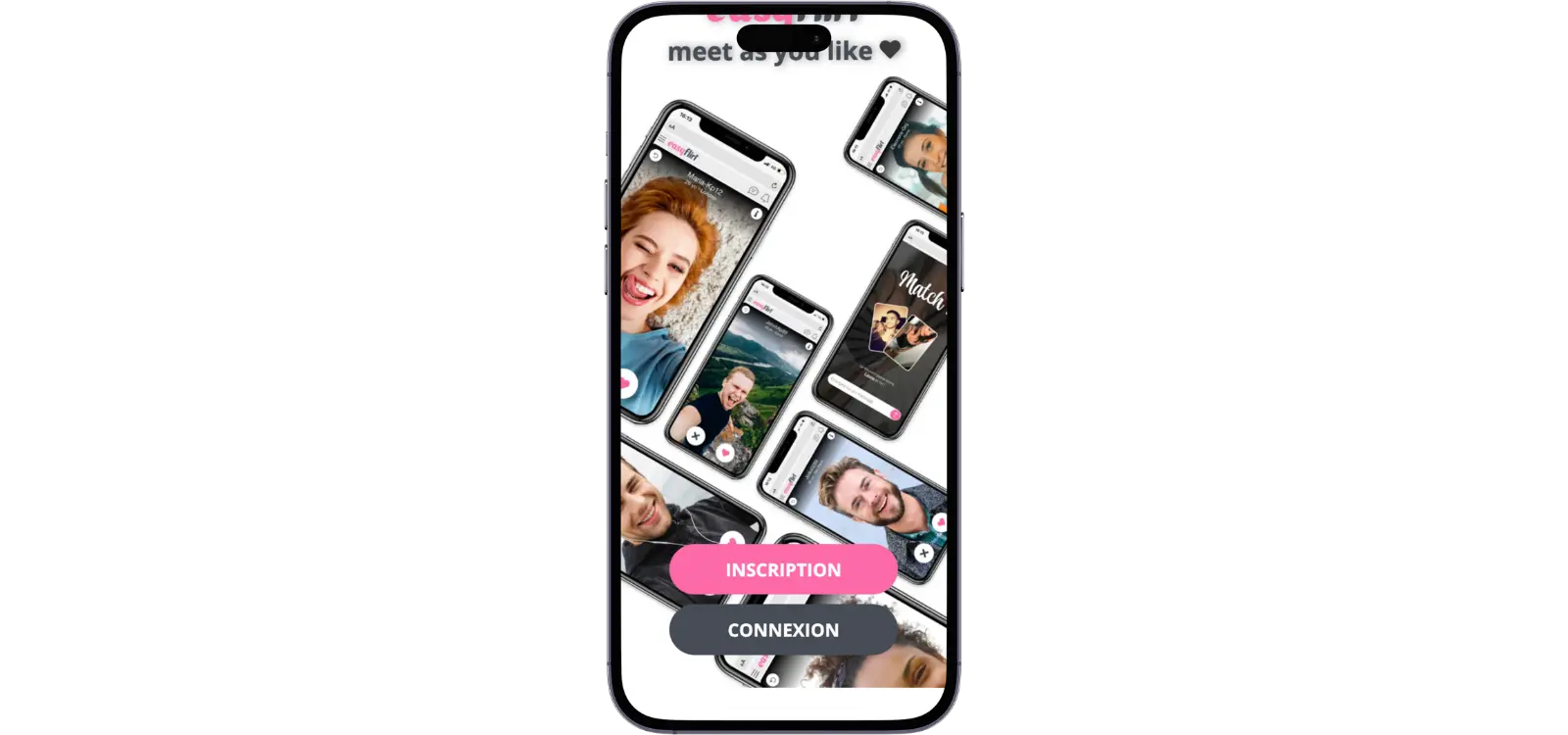 Smartphone présentant l’écran d’accueil de l’application EasyFlirt avec les boutons d’inscription et de connexion.