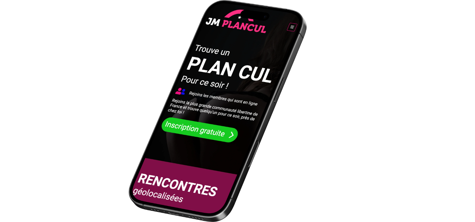 Smartphone affichant la page d'accueil du site de rencontre JM Plan Cul avec un bouton d'inscription gratuite.