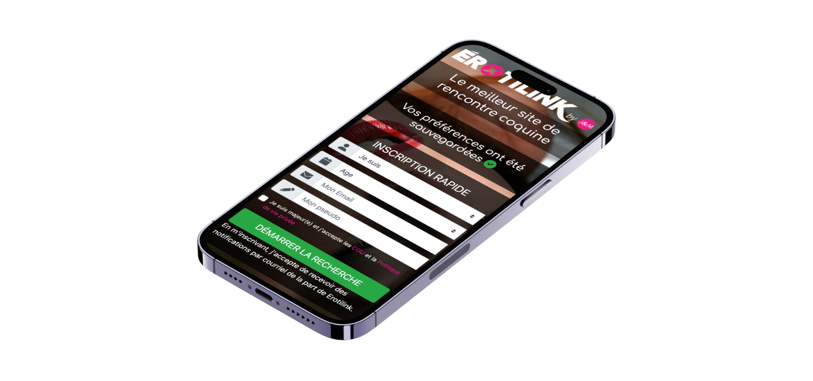 Smartphone affichant le formulaire d'inscription du site de rencontre Erotilink.