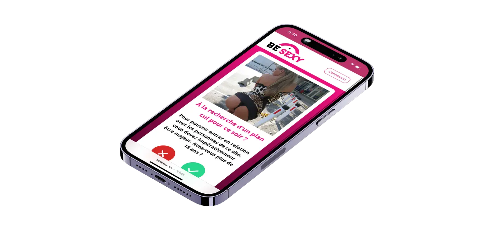 Smartphone affichant la page de confirmation de majorité du site BeSexy.