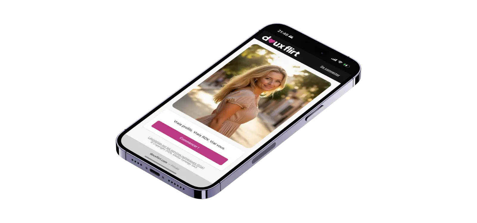 Smartphone affichant la page d'accueil du site DouxFlirt.