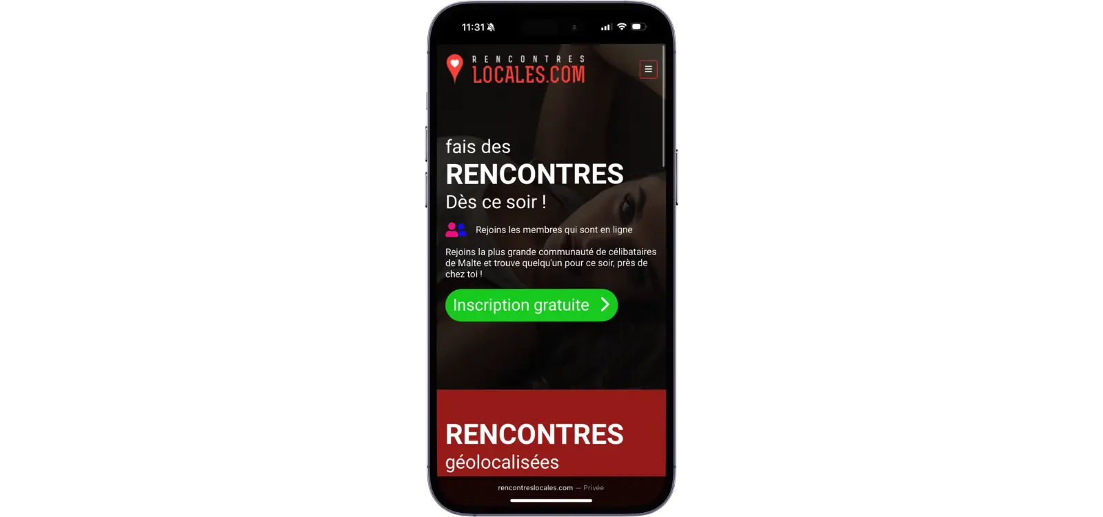 Smartphone affichant la page d'accueil de Rencontres Locales avec son bouton d'inscription gratuite.