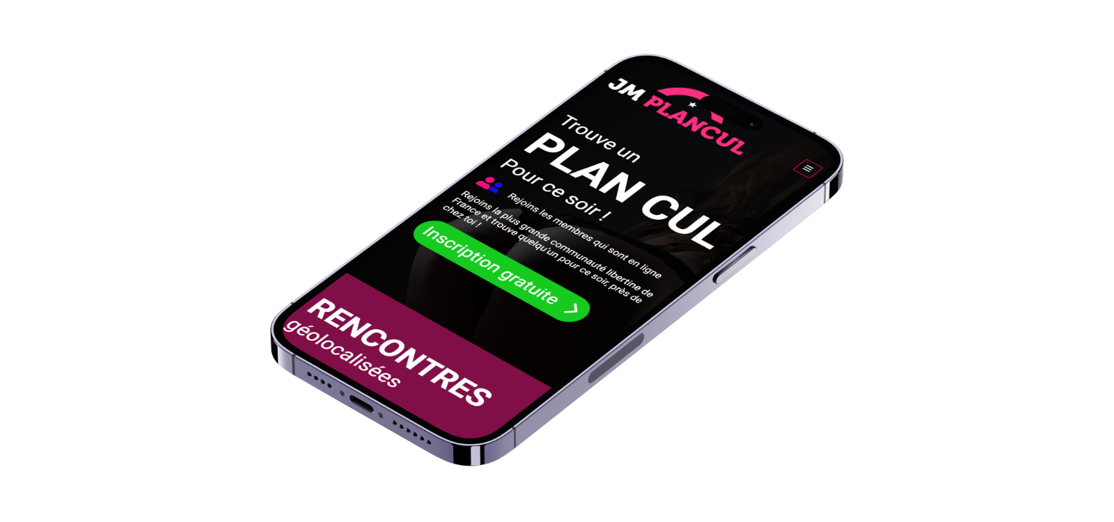 Smartphone affichant la page d'accueil du site JM Plan Cul.