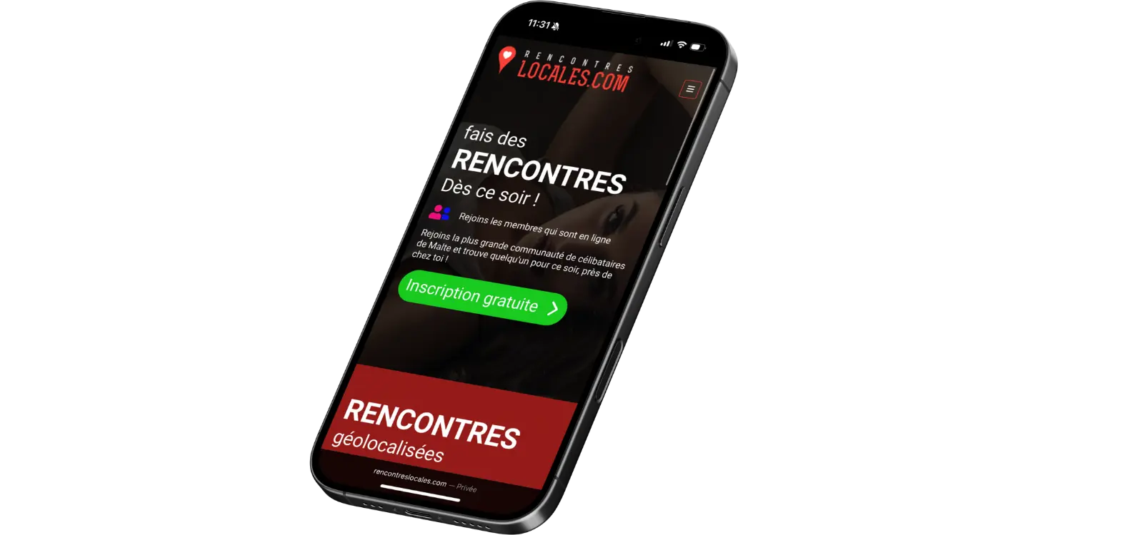 Smartphone affichant la page d'accueil du site Rencontres Locales.