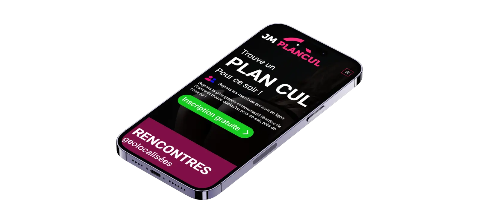 Smartphone affichant la page d'accueil du site JM Plan Cul.