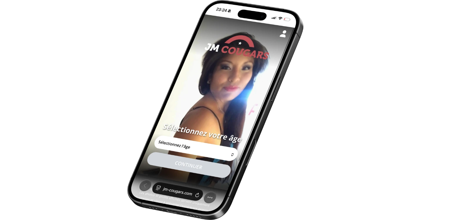 JM Cougars affiché sur smartphone, site de rencontre spécialisé dans les rencontres avec des femmes cougars et matures.
