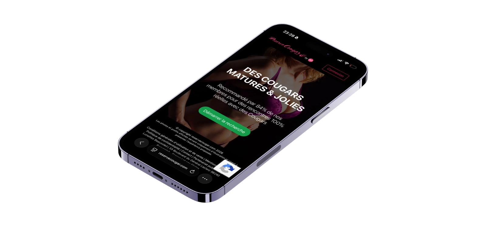 Reserve Cougar sur smartphone, plateforme dédiée aux rencontres avec des femmes cougars, matures et plus âgées.