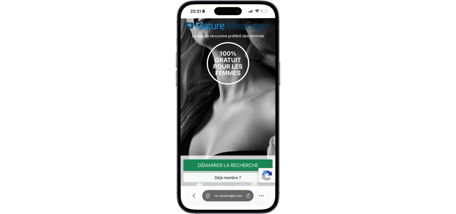 Mature Messenger affiché sur smartphone, site de rencontre destiné aux échanges et rencontres avec des femmes matures.
