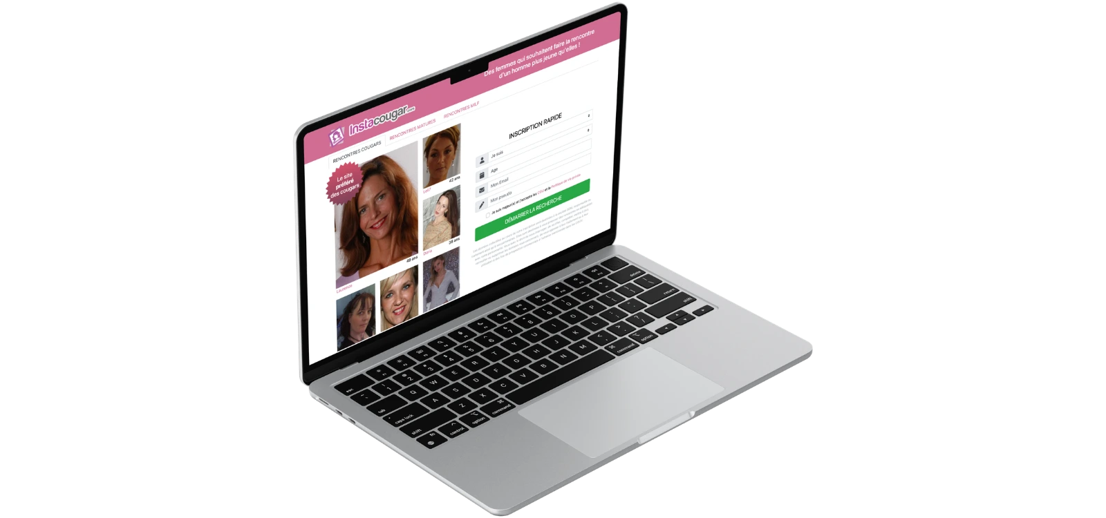 Aperçu du site InstaCougar sur ordinateur avec profils de femmes matures et formulaire d’inscription en ligne.