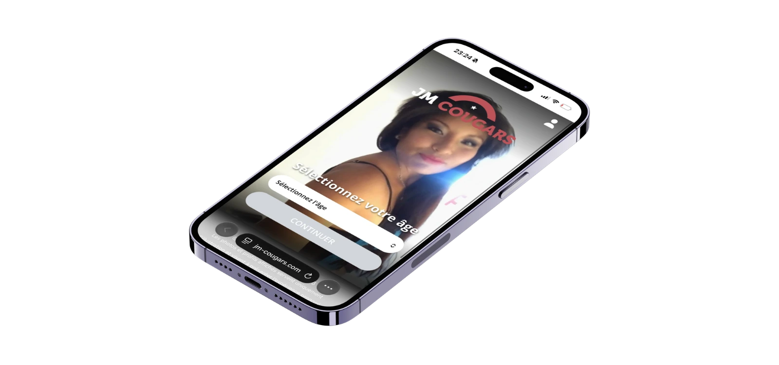 Site JM Cougars affiché sur smartphone avec écran de sélection de l’âge pour accéder à la plateforme de rencontre cougar.