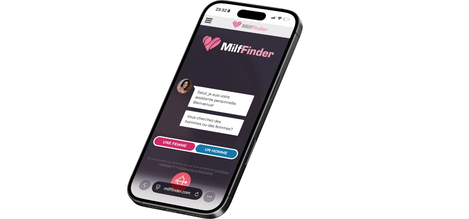 Aperçu de MilfFinder sur smartphone avec assistant d’inscription pour rechercher des femmes ou des hommes.