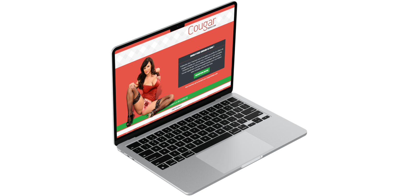 Aperçu du site CougarBaise sur ordinateur avec page d’accueil, formulaire d’inscription et recherche de rencontres cougar.