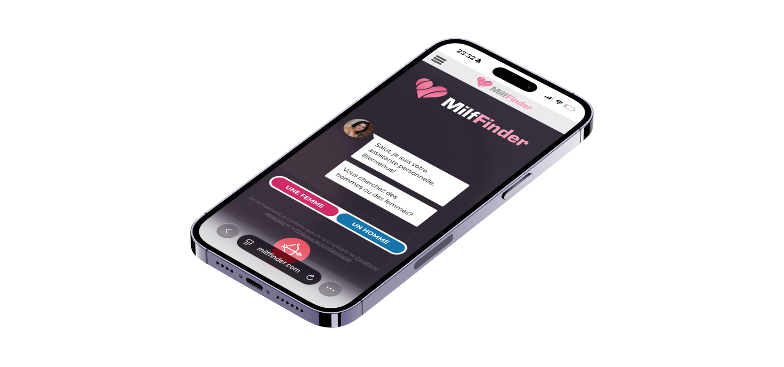 Interface de MilfFinder sur smartphone avec assistant d’inscription demandant si l’utilisateur recherche des hommes ou des femmes.