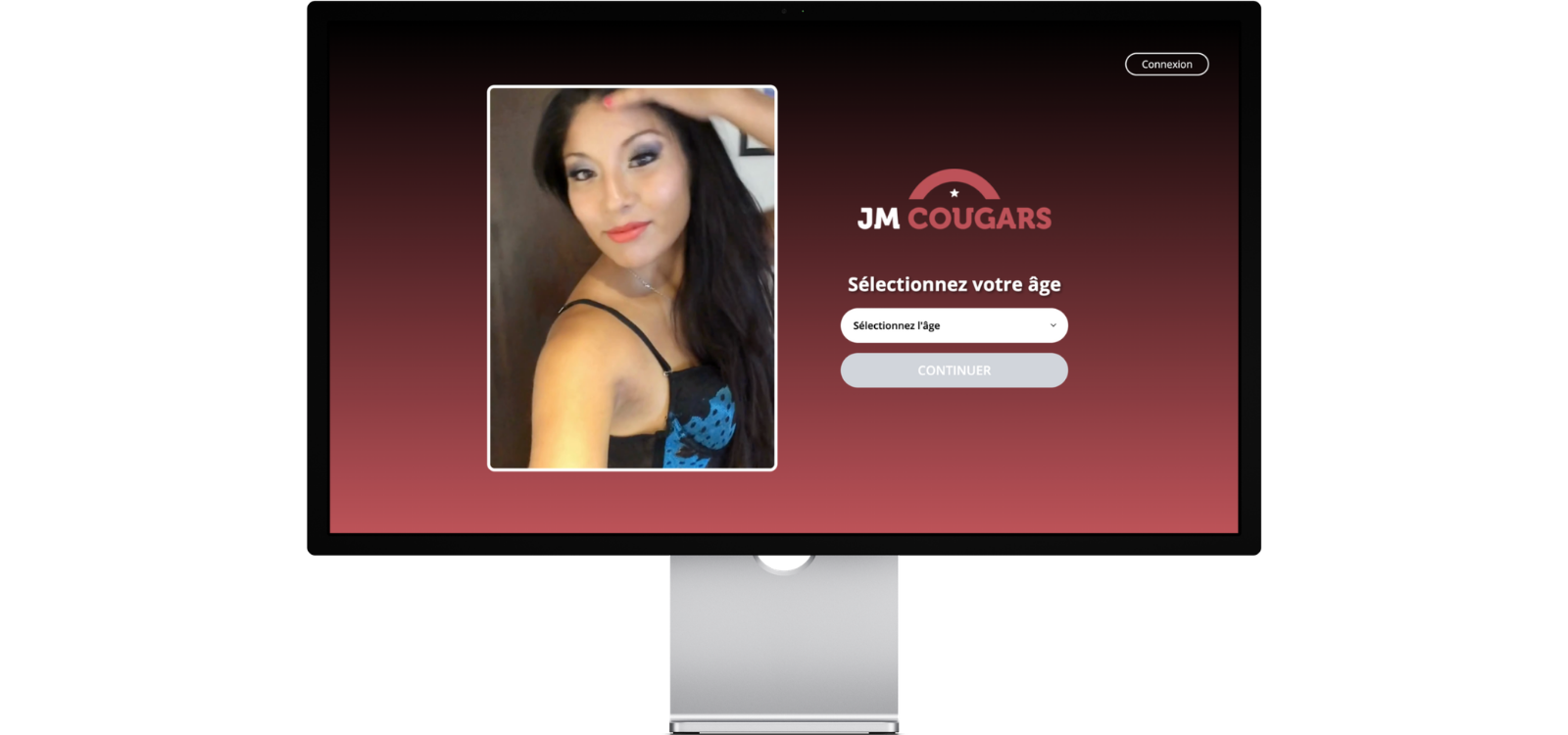 Page d’accueil de JM Cougars affichée sur ordinateur avec sélection de l’âge avant d’accéder au site de rencontre cougar.