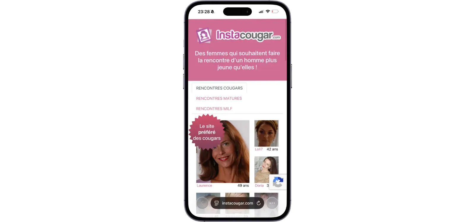 Site InstaCougar affiché sur smartphone avec catégories de rencontres cougar, rencontres matures et profils de femmes présentés sur la page.