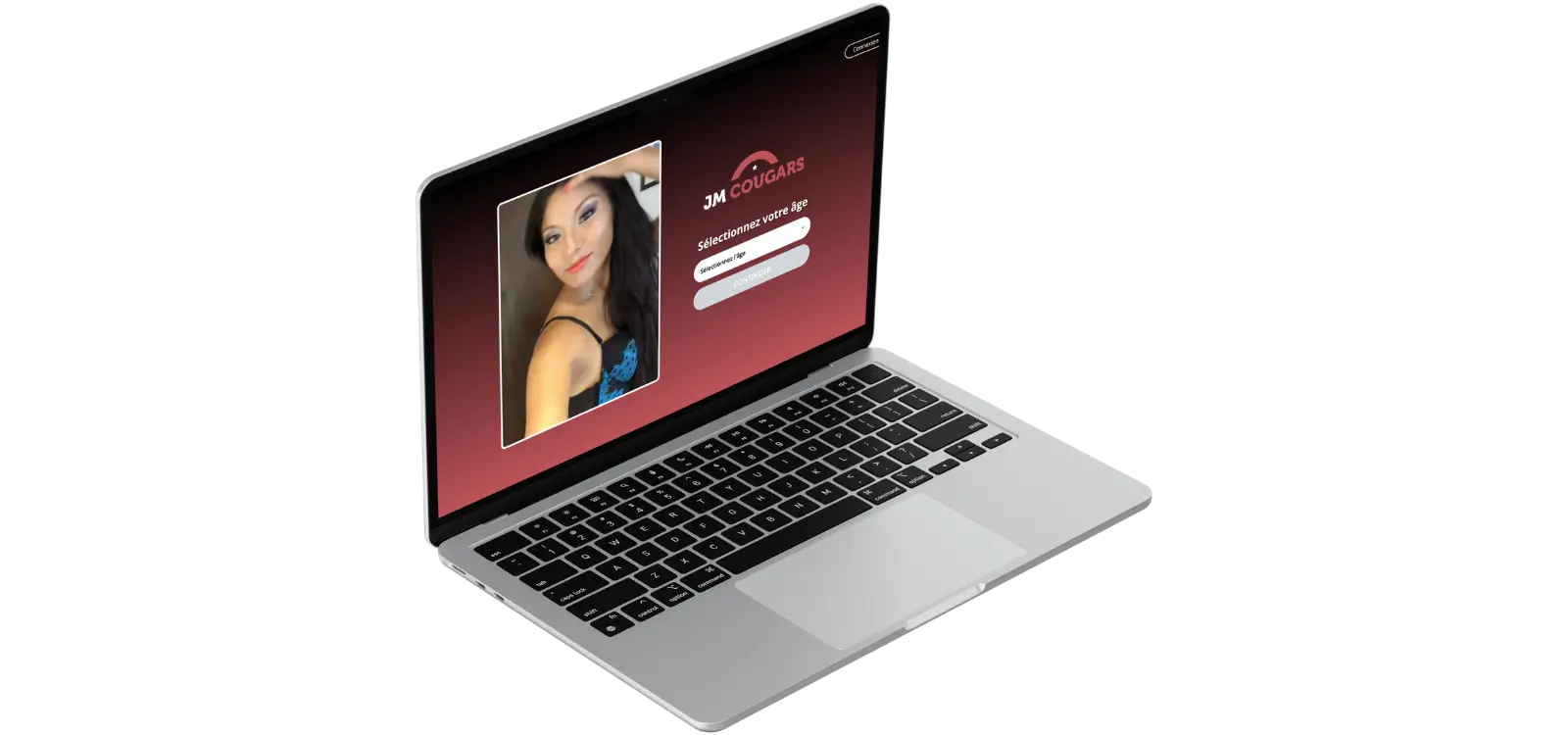 Aperçu du site JM Cougars sur ordinateur avec interface permettant de sélectionner son âge avant de commencer une recherche de rencontres cougar.