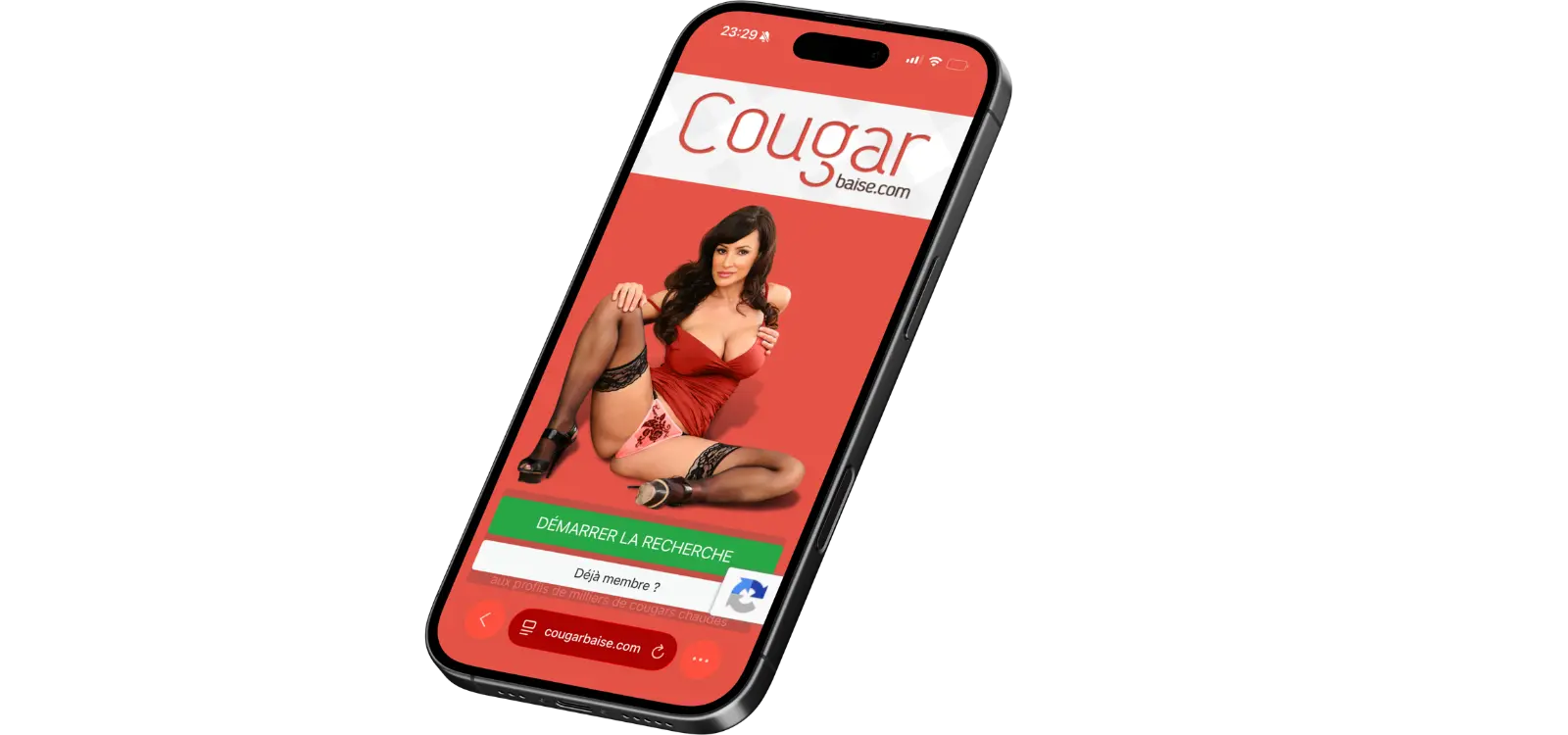 Aperçu de CougarBaise sur smartphone avec page d’accueil dédiée aux rencontres avec des femmes cougars et bouton pour démarrer une recherche.