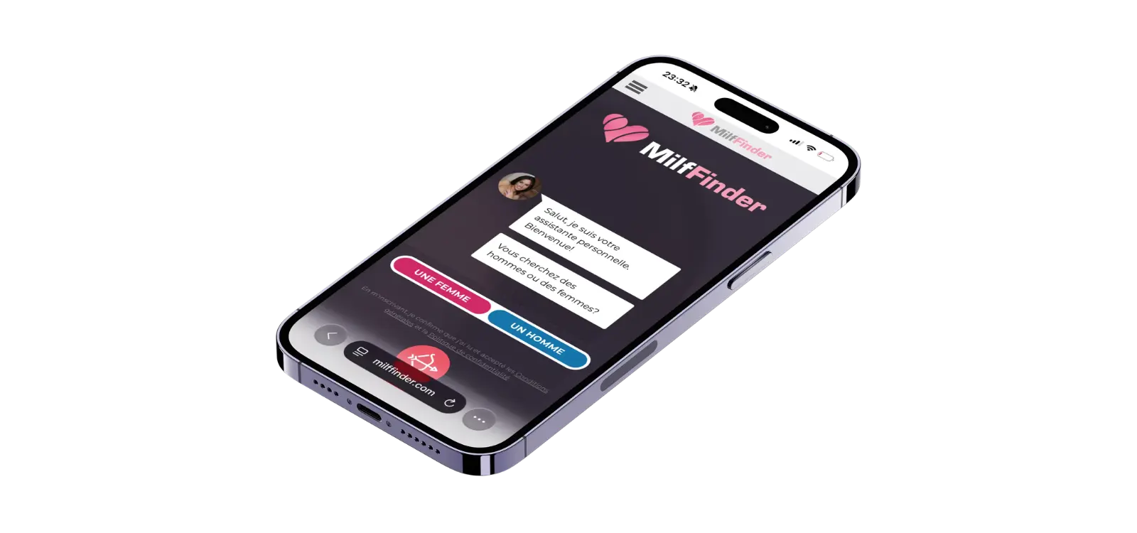 Interface de MilfFinder sur smartphone avec assistant demandant si l’utilisateur souhaite rechercher des hommes ou des femmes.